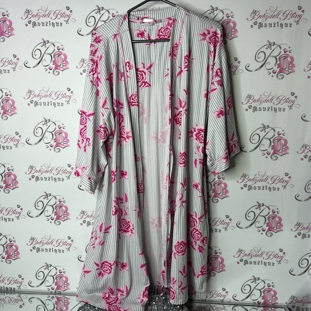 La Vie En Rose robe stretchy soft open front Striped Floral Kimono Robe
